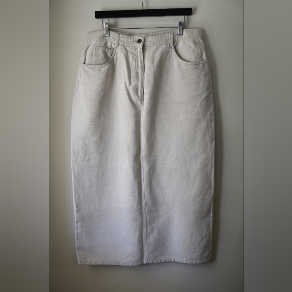 Light Beige Linen Cotton Pencil Midi Maxi Skirt Back Slit Size 16 Natural Fiber